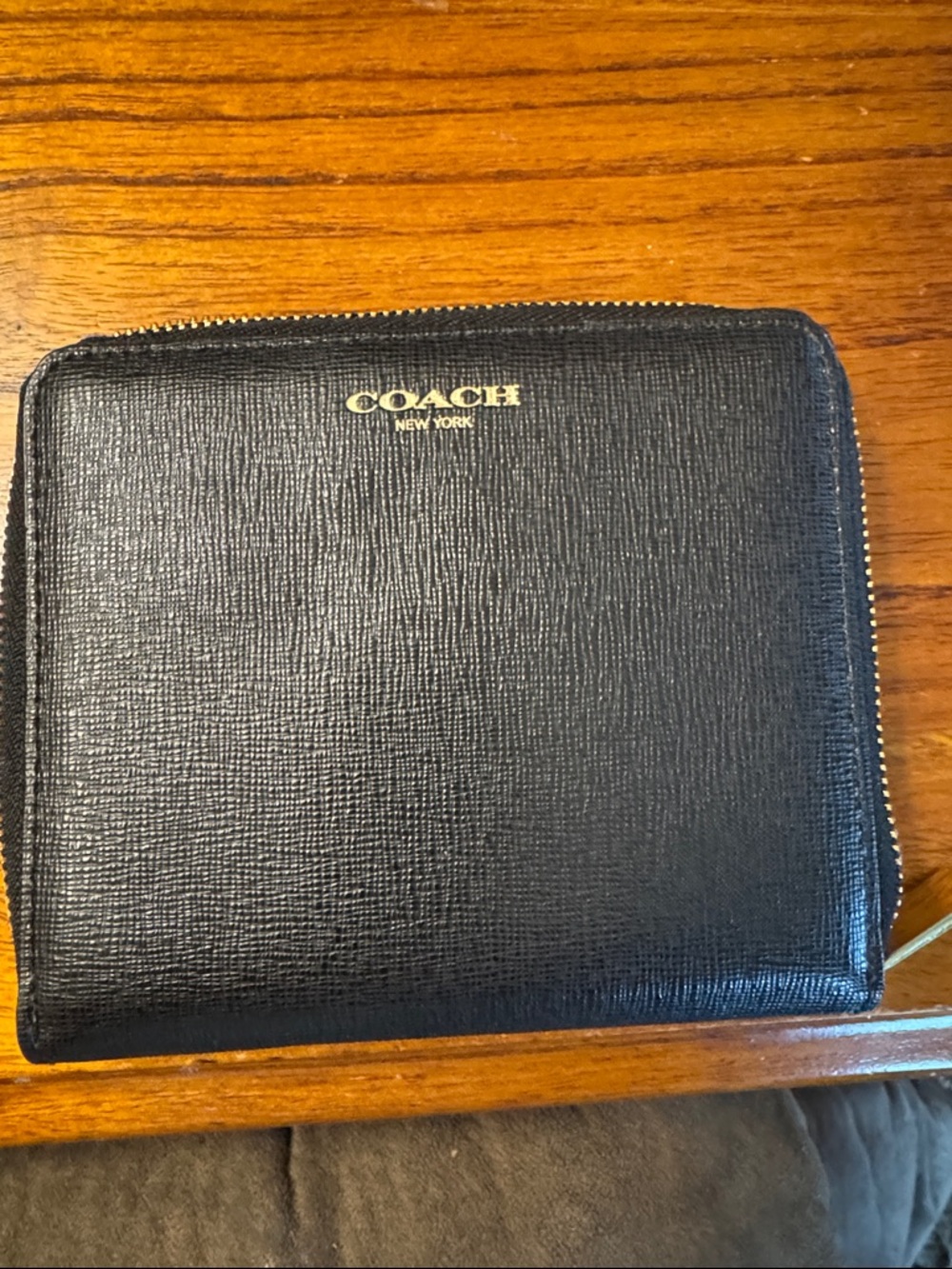 Coach Black Saffiano Zip Around Wallet with Gold Logo